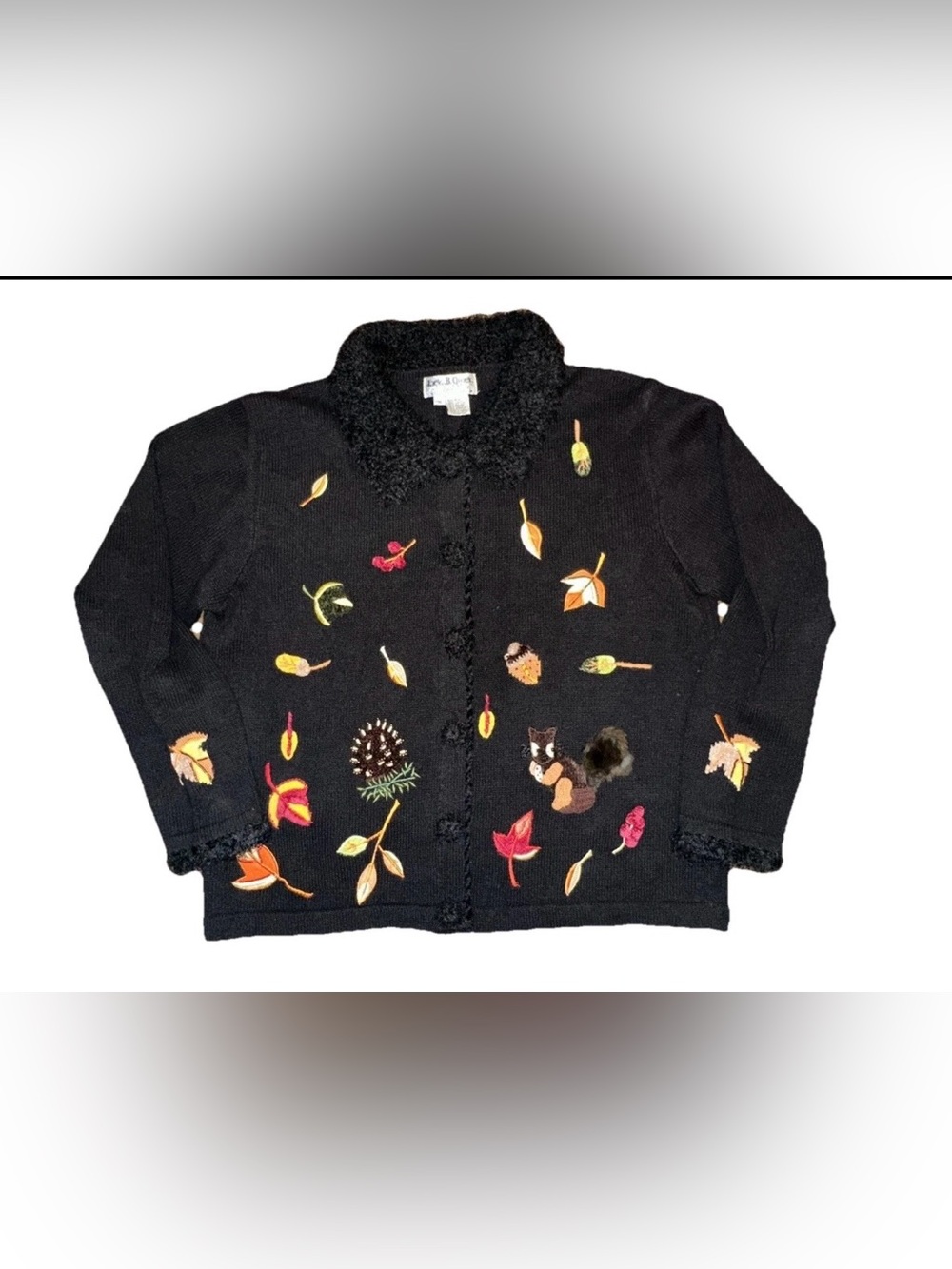 VTG Jack B Quick XL Button Front Beaded Appliqué Fall Harvest Woodland Sweater